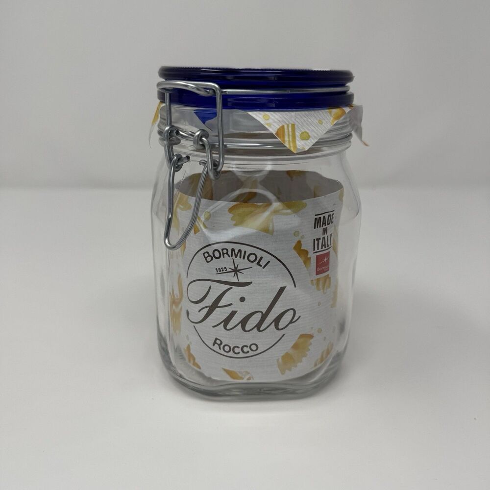 1 Liter Bormioli Rocco Fido Blue Top Glass Jar Hinged Top Canister Italy